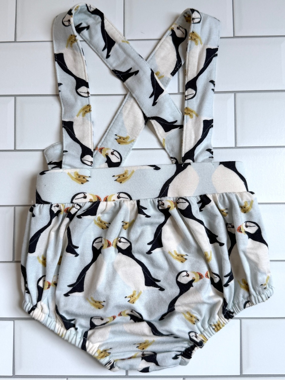 6-12M🐧 Kate Quinn Puffin Suspender Bubble Bloomer Baby Arctic Blue Penguin Print